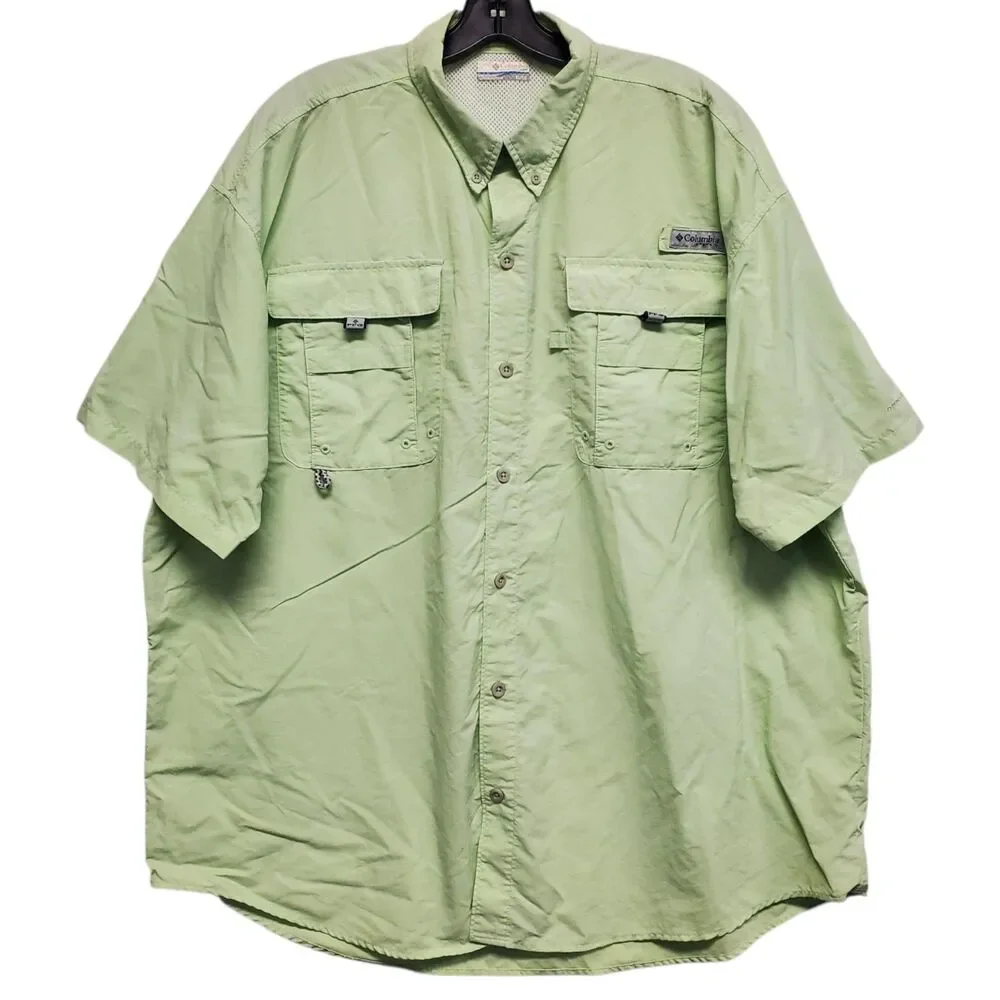 COLUMBIA PFG Shirt Mens XL Neon Grenn Utility Pockets Fishing Hunting Outdoor